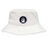 The Helena Youth Rugby Crusher Bucket Cap by EMB Alpha Broder is a white cotton twill bucket hat featuring a black patch with a spiraled snake design and "HELENA NYORO" text. It offers excellent sun protection, making it ideal for sunny days.