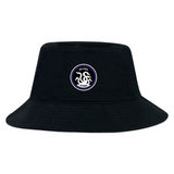 The Helena Youth Rugby Crusher Bucket Cap by EMB Alpha Broder is a black cotton twill hat with a circular logo featuring "Helena Nyora" and an abstract design, providing stylish sun protection.