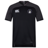 The Helena Youth Rugby Vapodri Evader Jersey by EMB Canterbury comes in black and dark gray, showcasing a Canterbury logo on the right chest, a crest on the left chest, and advanced Vapodri moisture-wicking technology for enhanced comfort.