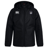 The Helena Youth Rugby Club Vaposhield Stadium Jacket by EMB Canterbury is black with a hood, rugby chest logo, full zip, and right-side emblem. It features Vaposhield Technology for water repellent protection in all weather.