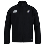 The Helena Youth Rugby Club Track Jacket by EMB Canterbury in black features a circular crest on the left chest and a high collar with a full-length zipper, offering quick-drying convenience.