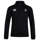 The Helena Youth Rugby Club 1/4 Zip Mid Layer Training Top by EMB Canterbury features a black long-sleeve design with a white Canterbury logo on the left chest, a circular emblem on the right, and is crafted from cozy fleece for ultimate comfort.