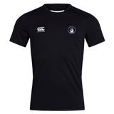 The Helena Youth Rugby Club Dry Tee by EMB Canterbury is a black short-sleeve jersey with Vapodri Technology, featuring a white logo on the right chest and left shoulder. Its breathable fabric ensures moisture-wicking comfort, ideal for any workout.