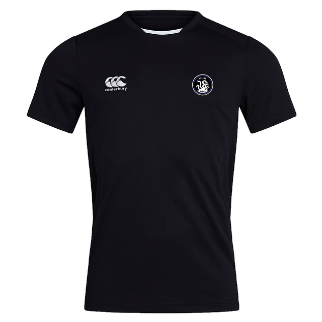 The Helena Youth Rugby Club Dry Tee by EMB Canterbury is a black short-sleeve jersey with Vapodri Technology, featuring a white logo on the right chest and left shoulder. Its breathable fabric ensures moisture-wicking comfort, ideal for any workout.