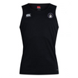 The Helena Youth Rugby Club Dry Singlet by EMB Canterbury is a black sleeveless top with Vapodri Technology for moisture management, featuring the Canterbury logo on the upper right and a circular emblem on the upper left, perfect for any athletic gear collection.