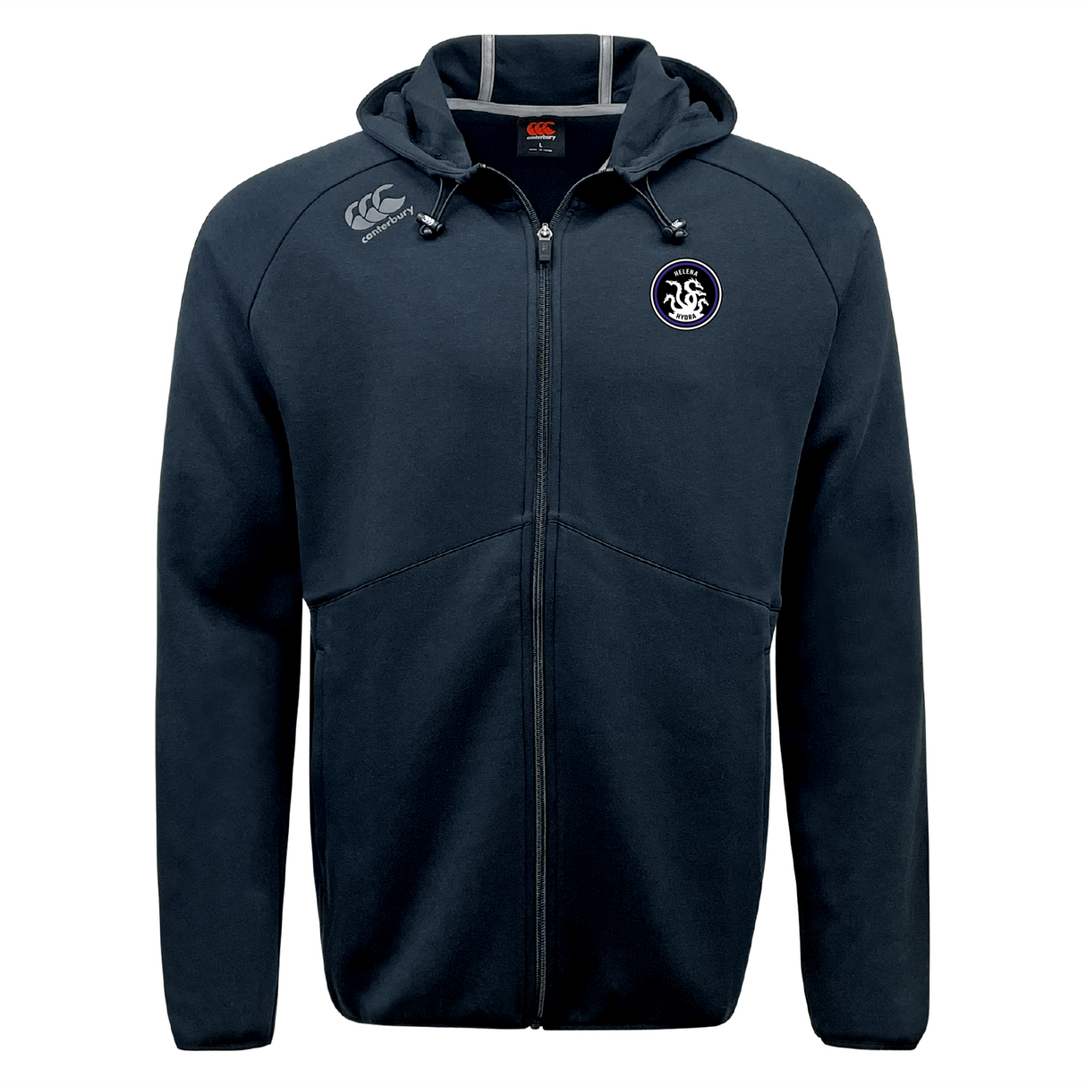 The Helena Youth Rugby Tempo Vapodri Full-Zip Hoodie by EMB Canterbury combines VapoDri technology with a moisture-wicking design. It features a white animal emblem on the left chest and the brand logo on the right shoulder.