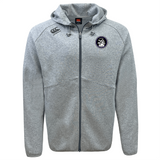 The Helena Youth Rugby Tempo Vapodri full-zip hoodie by EMB Canterbury features a gray design with a chest logo and emblem. It includes VapoDri moisture-wicking technology and a drawstring hood.