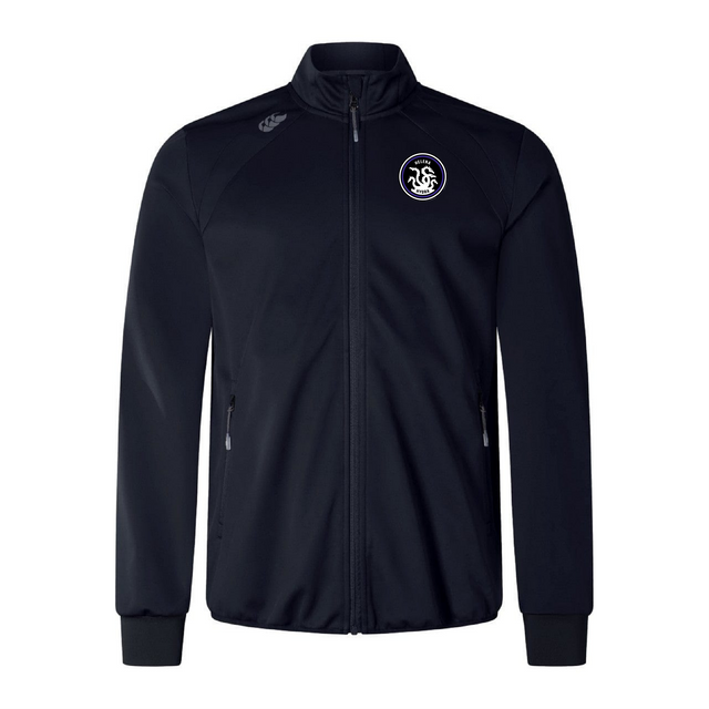 The Helena Youth Rugby Elite Windstopper Jacket by EMB Canterbury is a black jacket with a small white logo on the left chest, designed for optimal mobility and comfort.