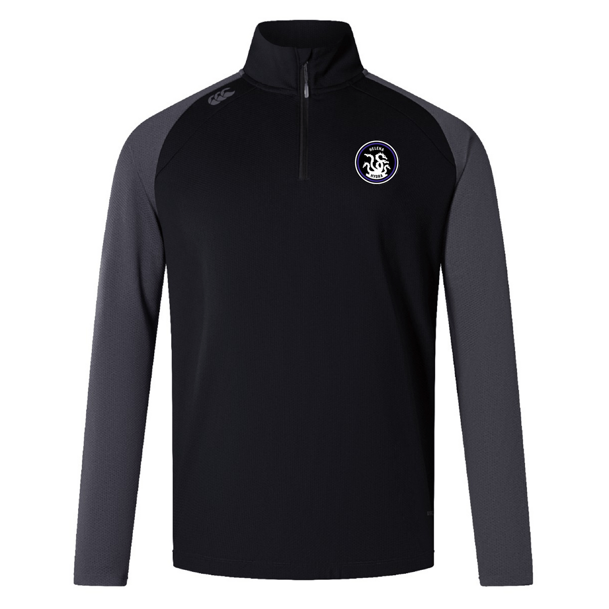 The Helena Youth Rugby Elite First Layer by EMB Canterbury is a black and grey long-sleeve pullover with VapoDri technology. It features a high collar, half-zip, the Canterbury Elite logo on the chest, and a small emblem on the shoulder, making it perfect for training sessions.