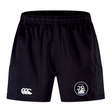 Experience optimal performance with the EMB Canterbury Helena Youth Rugby Women's Advantage Short 2.0. These black athletic shorts showcase a white logo on one leg and a circular emblem on the other, all thoughtfully crafted for sustainability.