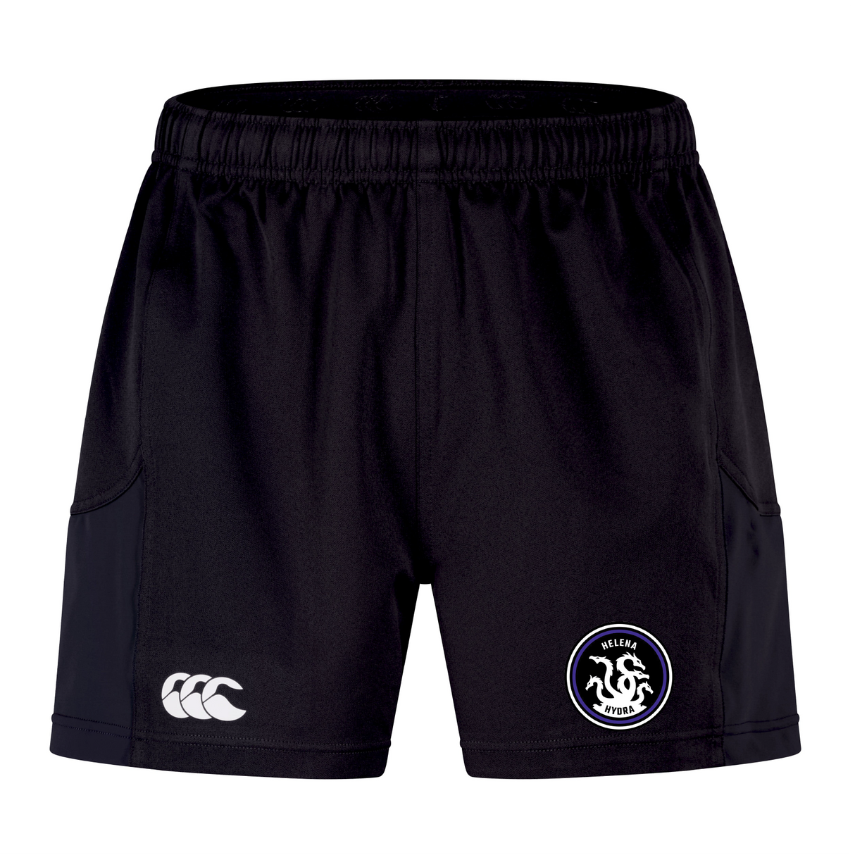 Experience optimal performance with the EMB Canterbury Helena Youth Rugby Women's Advantage Short 2.0. These black athletic shorts showcase a white logo on one leg and a circular emblem on the other, all thoughtfully crafted for sustainability.