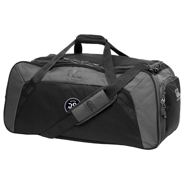 The Helena Youth Rugby Holdall Duffle Bag by EMB Canterbury is a black and gray sports duffel featuring a water-repellent finish, an adjustable shoulder strap, and the Canterbury logo on the side.