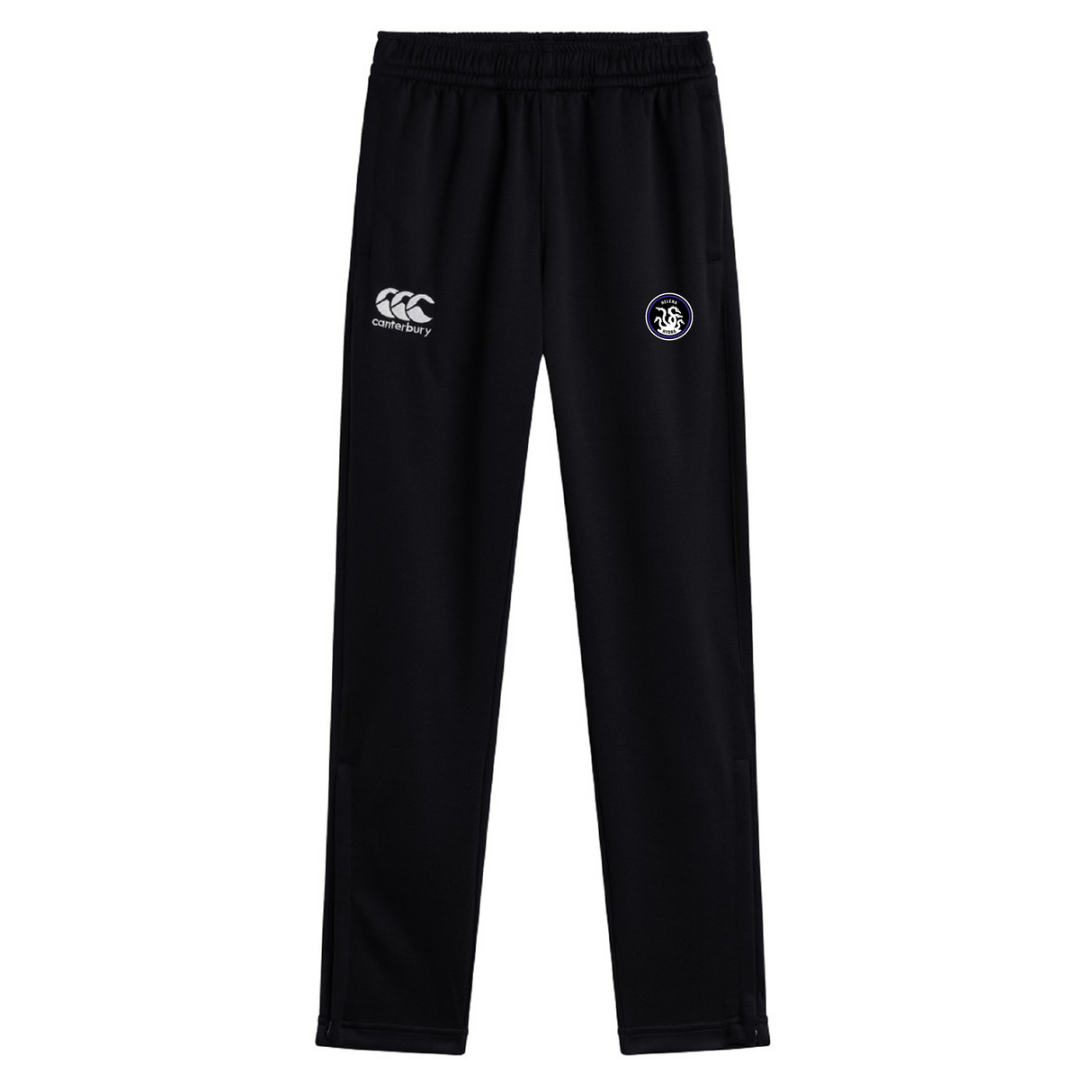 The Helena Youth Rugby Stretch Tapered Pant by EMB Canterbury is available in black, featuring zip pockets for secure storage, a drawstring waistband, quick-dry fabric for comfort, a logo on the left thigh, and an emblem on the right.