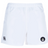 Helena Youth Rugby Player's Drill Short by EMB Canterbury: White sports shorts with an elastic waistband, made from recycled fabric featuring a Canterbury logo on the left leg and a circular emblem on the right leg.