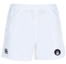 Helena Youth Rugby Player's Drill Short by EMB Canterbury: White sports shorts with an elastic waistband, made from recycled fabric featuring a Canterbury logo on the left leg and a circular emblem on the right leg.