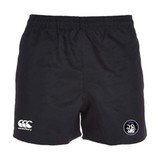 The Helena Youth Rugby Player's Drill Shorts by EMB Canterbury are black and made from recycled fabric, featuring an elastic waistband, a white Canterbury logo on the left, and a round emblem on the right.