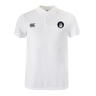 The Helena Youth Rugby Waimak Polo by EMB Canterbury is a white rugby polo made from a cotton polyester blend, featuring the Canterbury logo on the chest and three buttons.