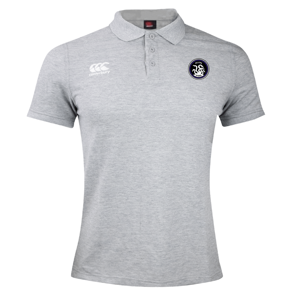 The Helena Youth Rugby Waimak Polo by EMB Canterbury is a gray shirt with a collar, buttoned front, Canterbury logo on the right chest, and a circular club emblem on the left. Ideal for rugby fans wanting to display their passion subtly yet stylishly.