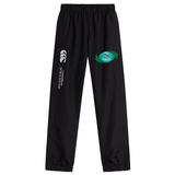 Black Rugby Oklahoma cuffed hem stadium pants with elastic cuffs, featuring an EMB Canterbury logo on the upper left thigh and white text down the left leg.