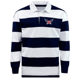 The EMB Mudoo University of Southern Indiana Classic Long Sleeve Hooped Rugby Jersey features alternating navy blue and white stripes, is made from a comfortable cotton/poly blend with a relaxed fit, and has a logo on the upper left chest.