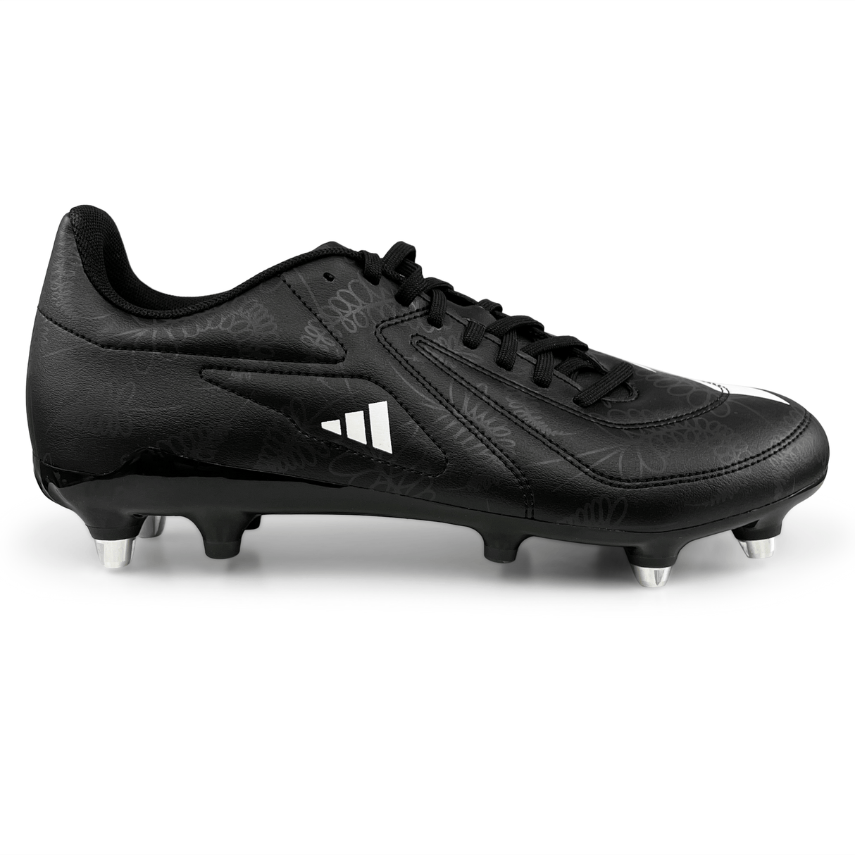 Introducing the adidas RS15 SG 23 - Core Black/White/Carbon rugby cleat, featuring metal studs, laces, and a distinctive white logo on the side.