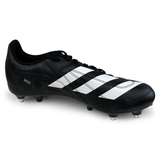 The adidas RS15 SG 23, in Core Black/White/Carbon, is a black and white cleated soccer shoe with metal studs. It features three white stripes on the side and the text "RS 15," making it an ideal choice for agile rugby players in need of soft ground boots.