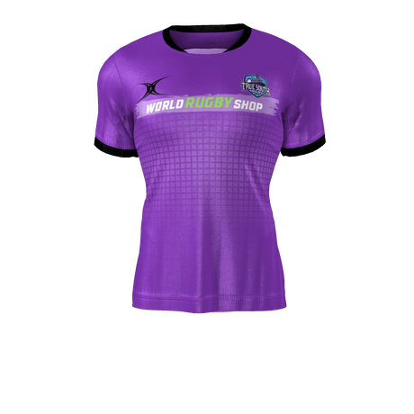 Introducing the True South Referee Jersey - Purple from Custom GIL AXI! This purple jersey features black accents and prominently displays the "World Rugby Shop" text on the front, along with logos from two renowned rugby brands. Available for pre-order now and will ship soon.