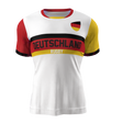 The Admiral Nations of Rugby Deutschland Rugby Supporters Jersey is a white rugby shirt with "DEUTSCHLAND RUGBY" emblazoned in black and red text across the chest. Featuring VapoDraw technology, it showcases red, black, and yellow accents on the sleeves along with a small German flag patch on the upper left chest—an ideal choice for any supporter of Germany Rugby.