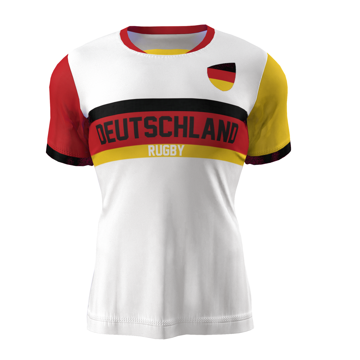 The Admiral Nations of Rugby Deutschland Rugby Supporters Jersey is a white rugby shirt with "DEUTSCHLAND RUGBY" emblazoned in black and red text across the chest. Featuring VapoDraw technology, it showcases red, black, and yellow accents on the sleeves along with a small German flag patch on the upper left chest—an ideal choice for any supporter of Germany Rugby.