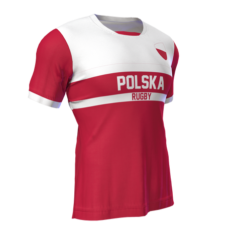 The Admiral Nations of Rugby Polska Supporters Jersey, featuring a red and white design with "Polska" and "Rugby" printed on the front, is perfect for Rugby Poland supporters.