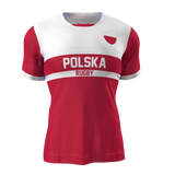 An Admiral Nations of Rugby Polska Supporters Jersey in red and white, featuring "Polska" and "Rugby" printed on the front. The design includes a horizontal white stripe and a small emblem on the upper right chest, making it a proud addition to the Nations of Rugby collection.