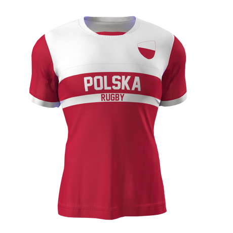 An Admiral Nations of Rugby Polska Supporters Jersey in red and white, featuring "Polska" and "Rugby" printed on the front. The design includes a horizontal white stripe and a small emblem on the upper right chest, making it a proud addition to the Nations of Rugby collection.