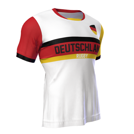 The Nations of Rugby Deutschland Rugby Supporters Jersey by Admiral is a white rugby shirt adorned with red, black, and yellow stripes. It features "DEUTSCHLAND" and "RUGBY" text on the front along with a small German flag emblem on the chest. This Germany Supporters Jersey is equipped with VapoDraw technology for superior comfort during spirited matches.