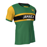 Introducing the Nations of Rugby Jamaica Supporters Jersey by Admiral – a striking green, black, and yellow rugby jersey featuring the words "Jamaica Rugby" across the chest and a prominent yellow diagonal cross symbol on the top left. This is the perfect gear for fans cheering on their team in the Nations of Rugby.