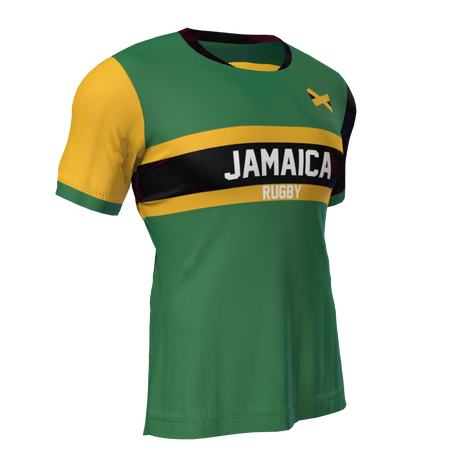 Introducing the Nations of Rugby Jamaica Supporters Jersey by Admiral – a striking green, black, and yellow rugby jersey featuring the words "Jamaica Rugby" across the chest and a prominent yellow diagonal cross symbol on the top left. This is the perfect gear for fans cheering on their team in the Nations of Rugby.