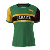 An Admiral Nations of Rugby Jamaica Supporters Jersey in green, yellow, and black with "Jamaica Rugby" written on the front and the Jamaican flag on the chest.