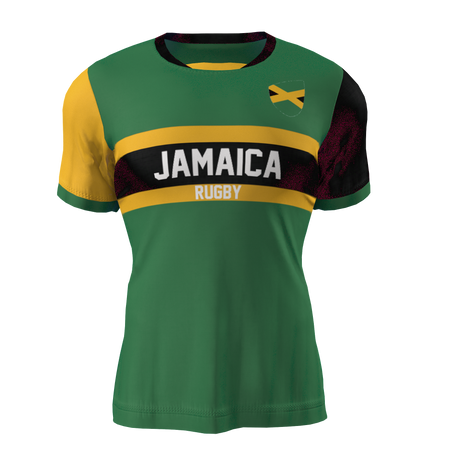 An Admiral Nations of Rugby Jamaica Supporters Jersey in green, yellow, and black with "Jamaica Rugby" written on the front and the Jamaican flag on the chest.