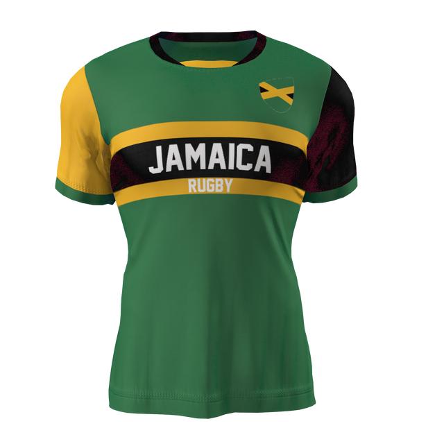 An Admiral Nations of Rugby Jamaica Supporters Jersey in green, yellow, and black with "Jamaica Rugby" written on the front and the Jamaican flag on the chest.