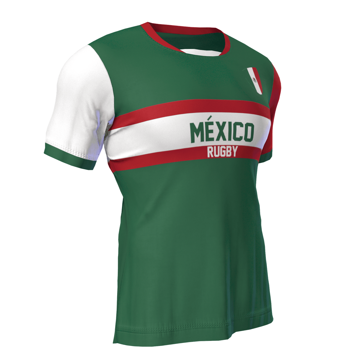 A green and white Nations of Rugby México Supporters Jersey by Admiral, featuring red accents, the words "México" and "Rugby" on the front, and a small emblem.