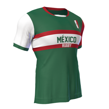 A green and white Nations of Rugby México Supporters Jersey by Admiral, featuring red accents, the words "México" and "Rugby" on the front, and a small emblem.