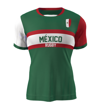 The Nations of Rugby México Supporters Jersey by Admiral features a vibrant green, red, and white design with "México" and "Rugby" boldly printed on the front, complemented by a small Mexican flag. It's the perfect way to show your pride for Mexico's rugby team.