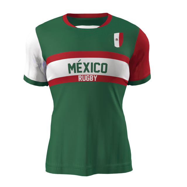 The Nations of Rugby México Supporters Jersey by Admiral features a vibrant green, red, and white design with "México" and "Rugby" boldly printed on the front, complemented by a small Mexican flag. It's the perfect way to show your pride for Mexico's rugby team.