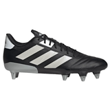 The adidas Kakari RS SG cleat in Core Black with Zero Metallic and Gold Metallic accents is designed with metal studs on the sole and features Fasttech material for a lightweight rugby experience.