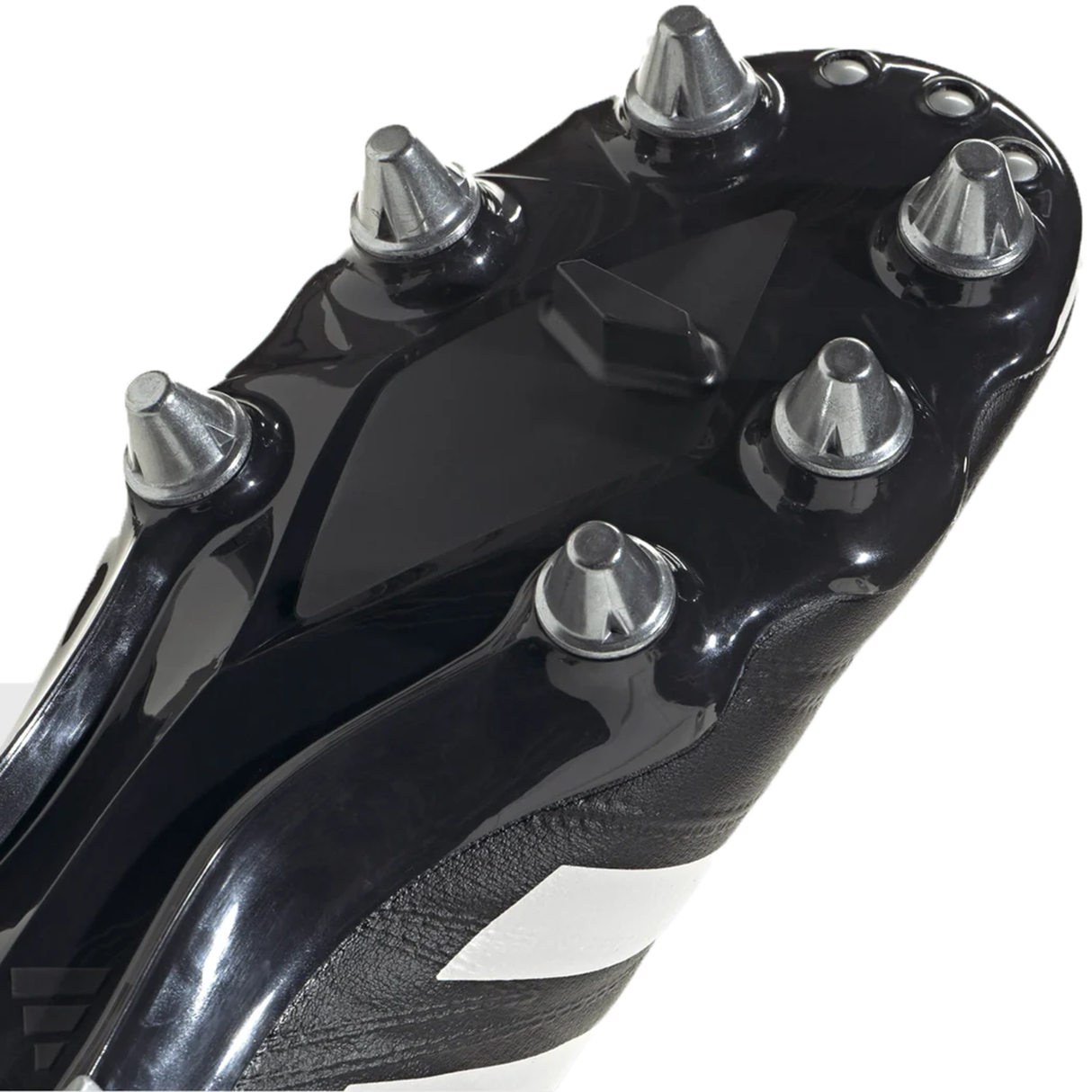 Close-up of the sole of the adidas Kakari RS SG cleat in Core Black and Zero Metallic, featuring six metal studs crafted using Fasttech material for lightweight performance.