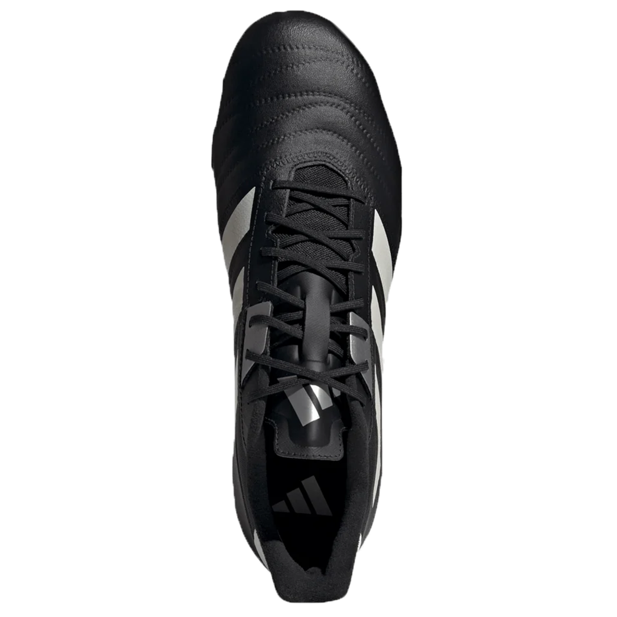 Top view of the adidas Kakari RS SG soccer cleat in Core Black/Zero Metallic/Gold Metallic featuring a zigzag pattern, lace-up closure, and a prominently displayed brand logo on the tongue. This lightweight design is ideal for quick movements on soft ground surfaces.