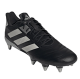 The adidas Kakari RS SG in Core Black, Zero Metallic, and Gold Metallic is a soccer cleat featuring metal studs and a lace-up design, made from Fasttech material to ensure an ultra-lightweight feel.