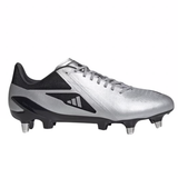 The adidas Adizero RS15 Pro SG rugby boot combines style and performance with its sleek Silver Metallic and Core Black design, complete with metal studs ideal for soft ground. The brand logo is prominently displayed on the side.