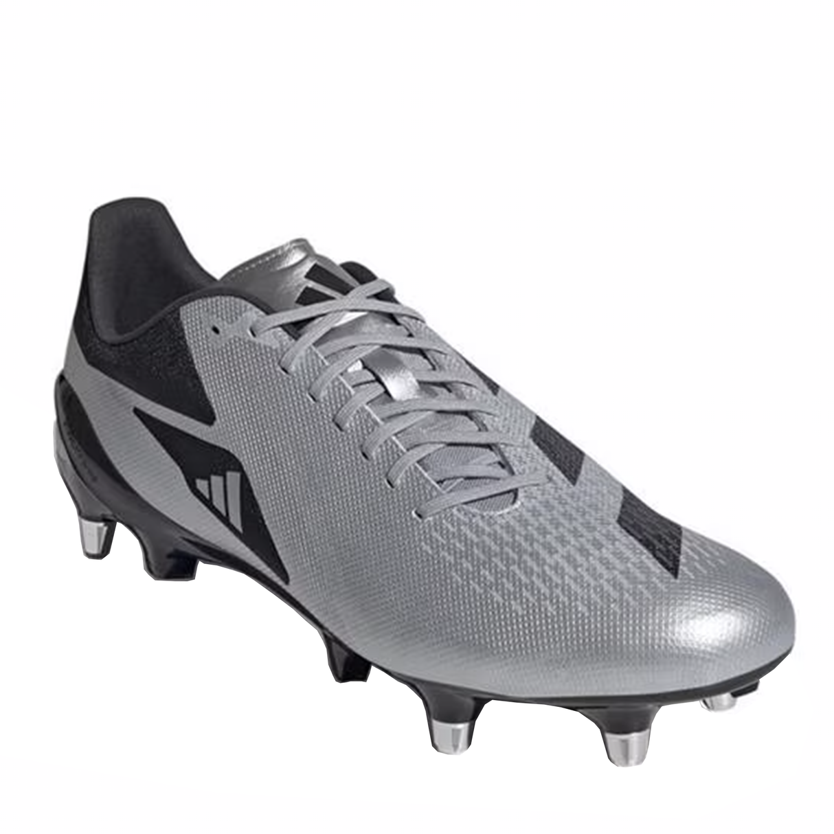 The adidas Adizero RS15 Pro SG in Silver Metallic, Core Black, and White is a soccer cleat with metal studs and laces designed for soft ground play, featuring geometric patterns.