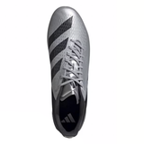 Viewed from above, the adidas Adizero RS15 Pro SG in Silver Metallic/Core Black/White features black diagonal stripes and is ideal for soft ground conditions.