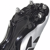 Close-up of the sole of an adidas Adizero RS15 Pro SG rugby boot in Silver Metallic/Core Black/White, featuring metal studs designed for soft ground.